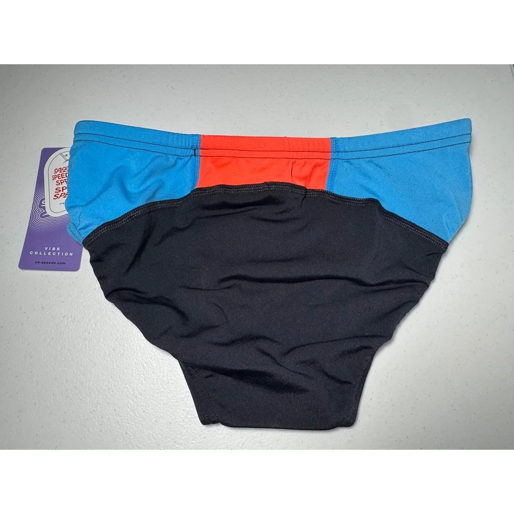 Speedo Mens Vibe Swim Briefs Black Blue Red Colorblock Training Trunks 30 NWT